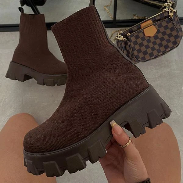Platform Chelsea Boots Brown Knit Stretch Upper - Product showcase