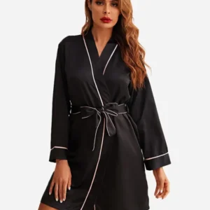 Luxury Satin Robe Black With Pink Piping Trim - Product showcase
