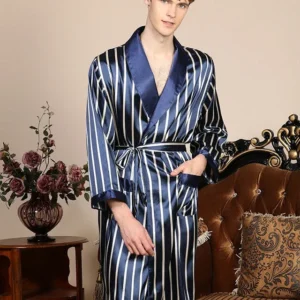 Luxury Striped Robe Navy Blue Satin Kimono Style - Product showcase