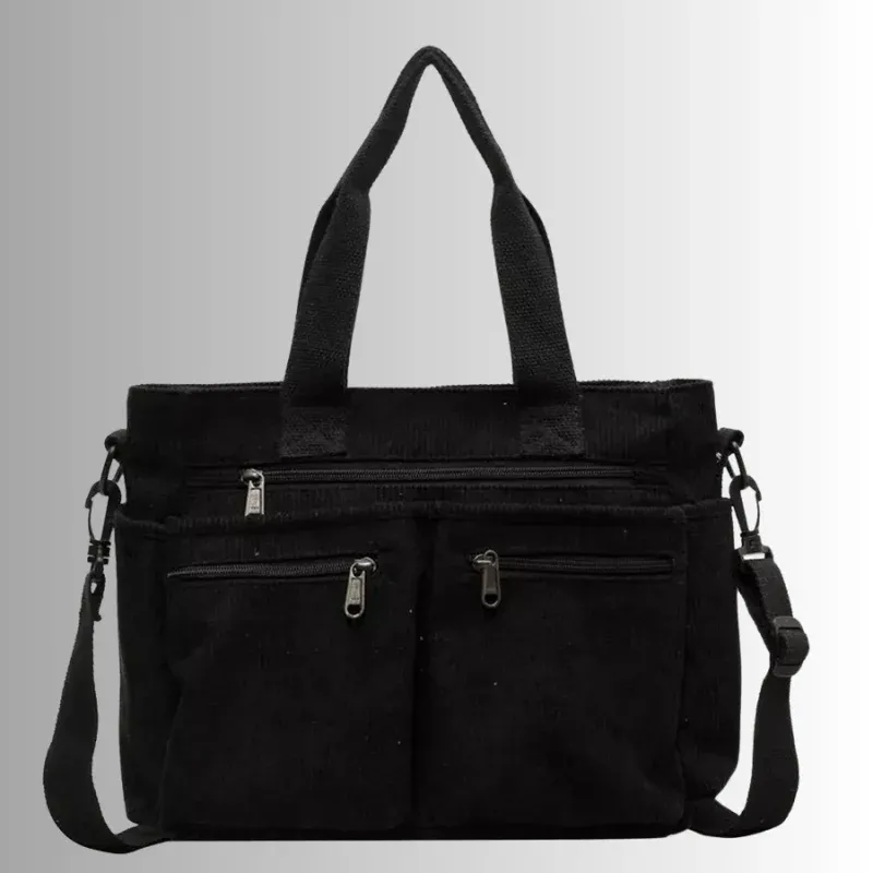 Black Corduroy Tote Bag Multi-Pocket Crossbody Design - Product showcase