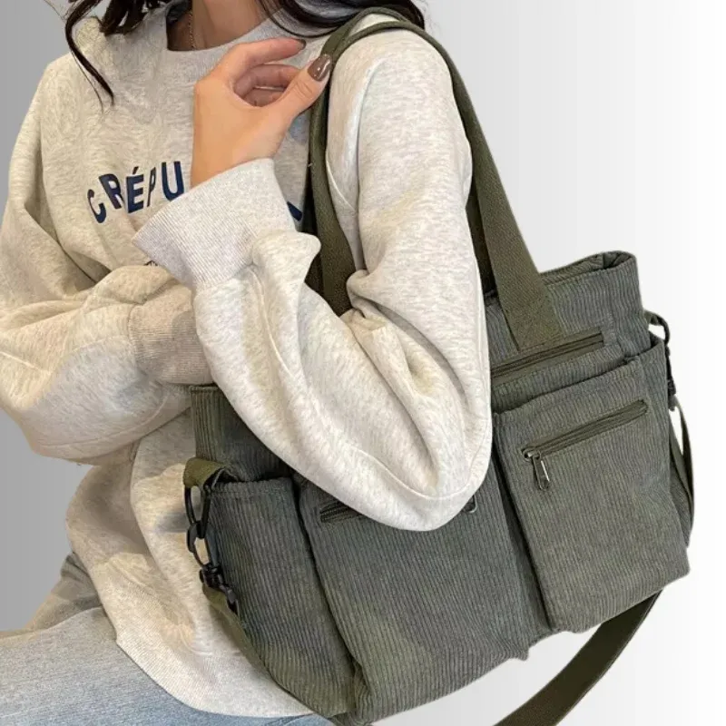 Corduroy Tote Bag Multi-Pocket Black Shoulder Bag - Product example