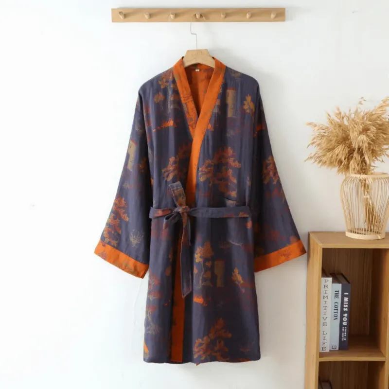 Cotton Gauze Kimono Robe Retro Floral Print Design - Product showcase