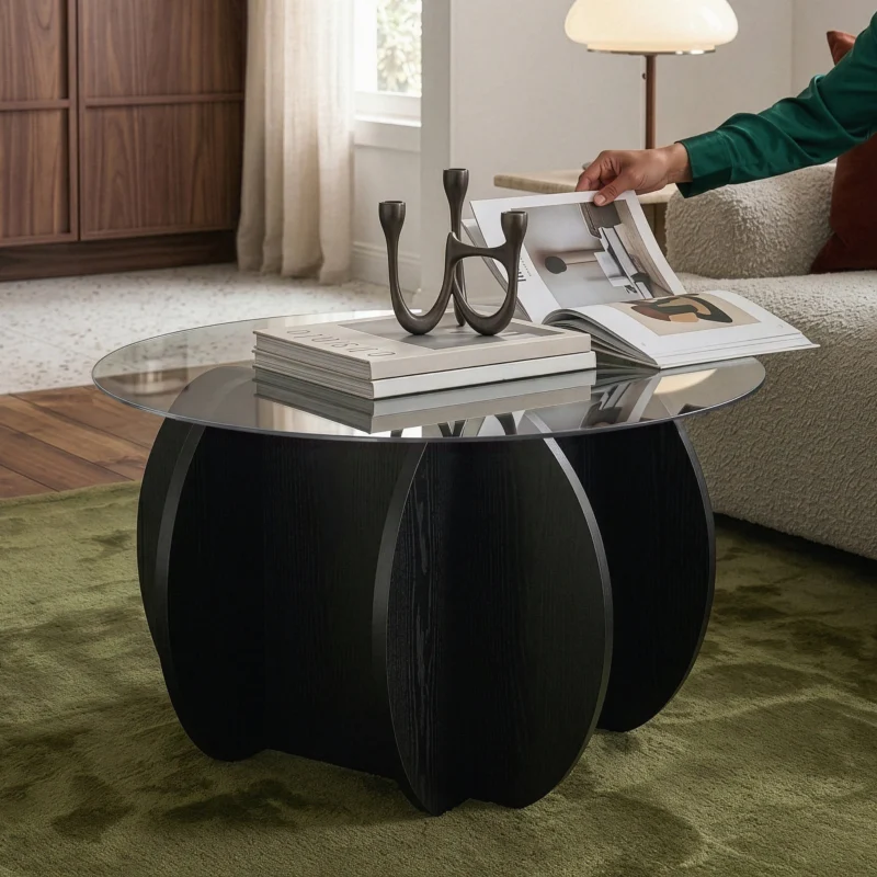 Couchtisch Karhuvandi mit Glasplatte Ø70x40 cm Schwarz/Grau [en.casa]