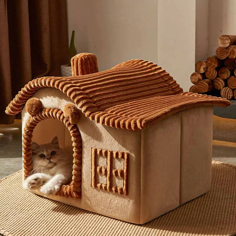 Indoor Cat Bed House Plush Cave Design with Foam Padding - Product showcase