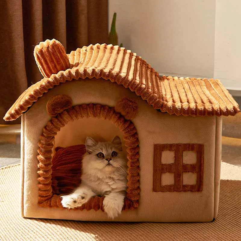 Indoor Cat Bed House Plush Cave Design with Foam Padding - Detailed view