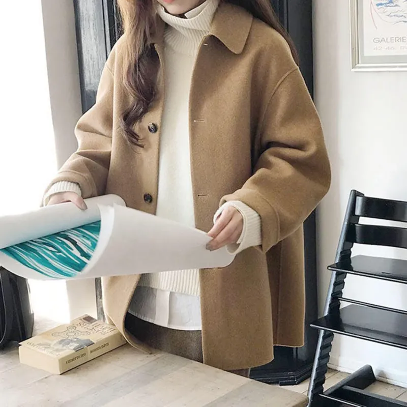 Classic Wool Winter Coat Camel Mid-Length Button Front - Detailed view