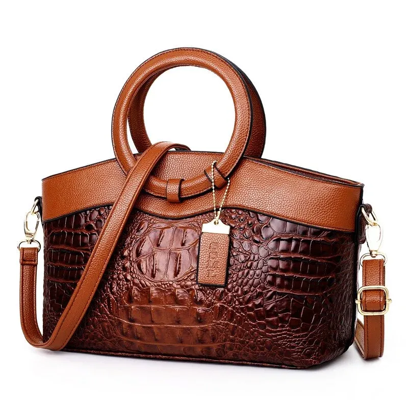 Crocodile Pattern Handbag Brown PU Leather with Gold Hardware - Product showcase
