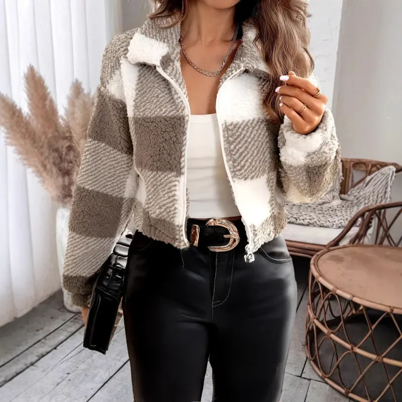 Plaid Sherpa Jacket White Grey Checkered Pattern - Product showcase