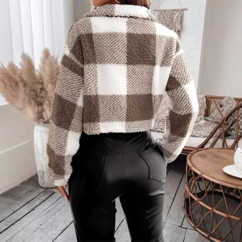 Plaid Sherpa Jacket White Grey Checkered Pattern - Product example