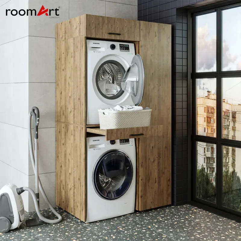 Roomart Waschmaschinenschrank, Trockner auf Waschmaschine • 112 cm breit • In 3 Farben - waschmaschinenschrank, waschmaschinenregal, waschturm, schrank, weiß, waschmaschinen, unterschrank, waschmaschine, trockner, haushaltsschrank, schränke, badschrank, Waschmaschinenschrank DUO-I in Eiche mit Hochschrank und Ausziehbrett