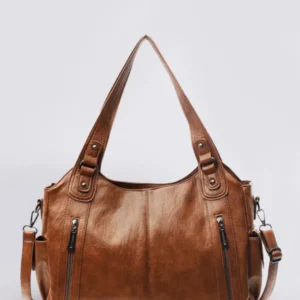 Vintage Leather Shoulder Bag Cognac Brown with Zipper Details - Product showcase