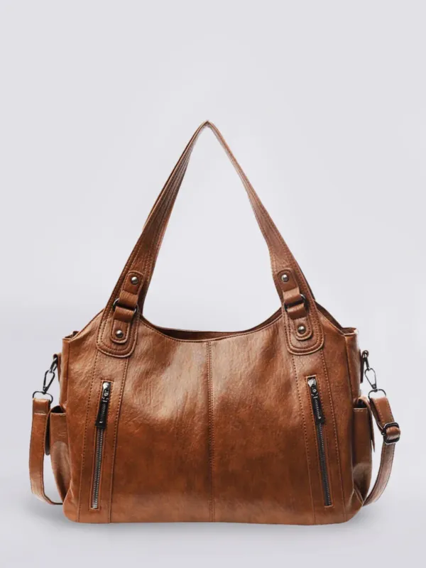 Vintage Leather Shoulder Bag Cognac Brown with Zipper Details - Product showcase