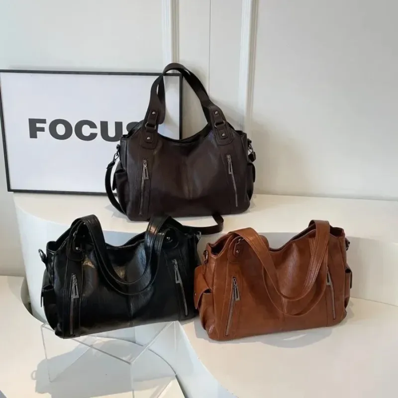 Vintage Leather Shoulder Bag Dual Zipper Tote Design - Detailed view