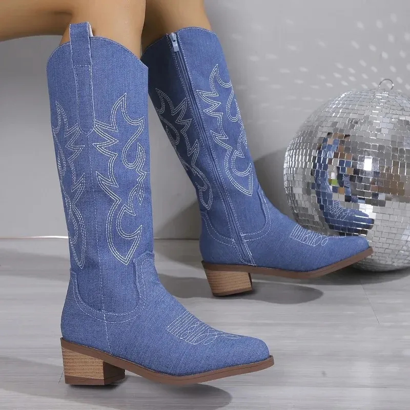 Western Denim Boots Classic Embroidered Cowgirl Design - Product showcase