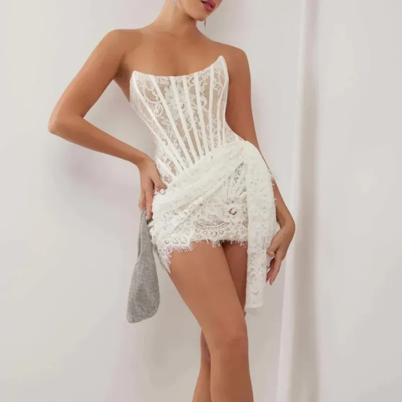 Corset Lace Mini Dress Bustier Design With Draped Detail - Product showcase