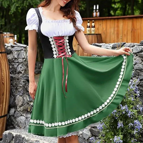 Traditional Dirndl Dress Bavarian Green with Lace Trim - Product showcase