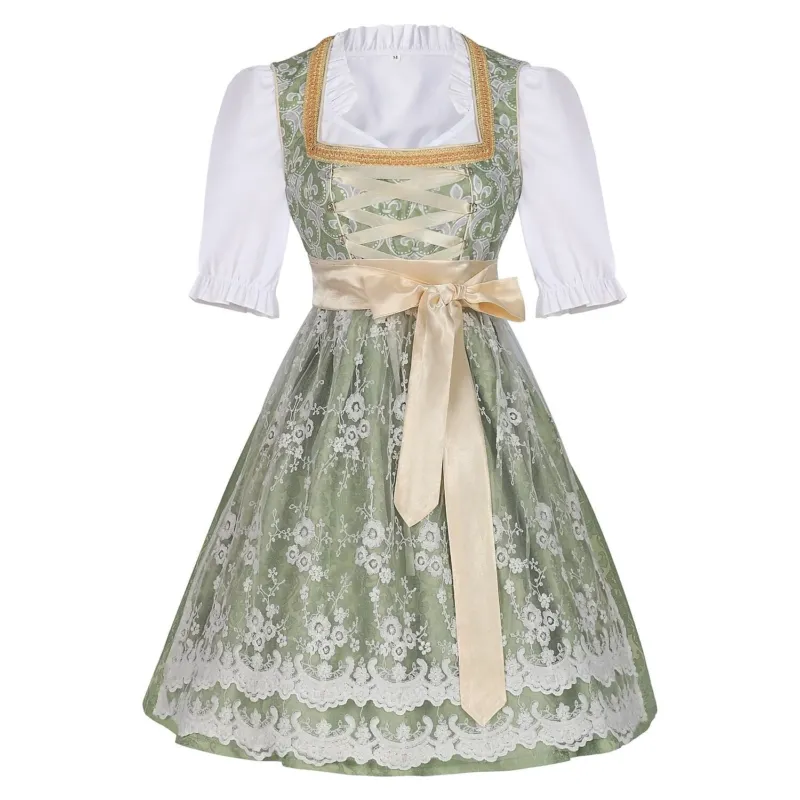 Traditional Dirndl Dress Sage Green Brocade with Gold Trim - Detailed view