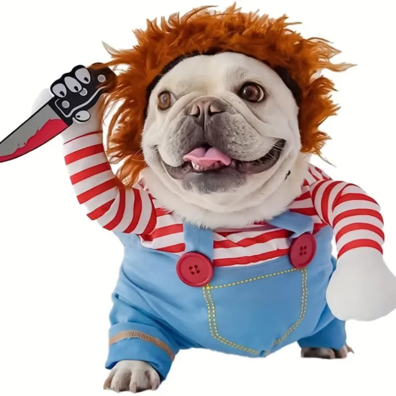 Pet Halloween Costume Striped Overalls with Wig Design - Product showcase