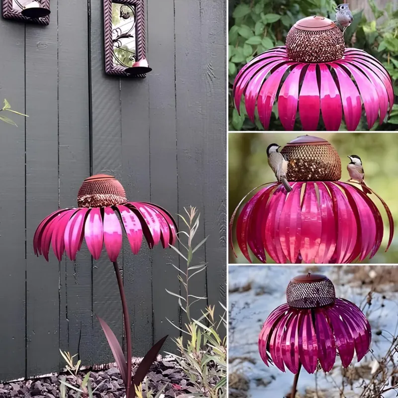 Garden Bird Feeder Metal Sunflower Design with Pink Petals - Product showcase
