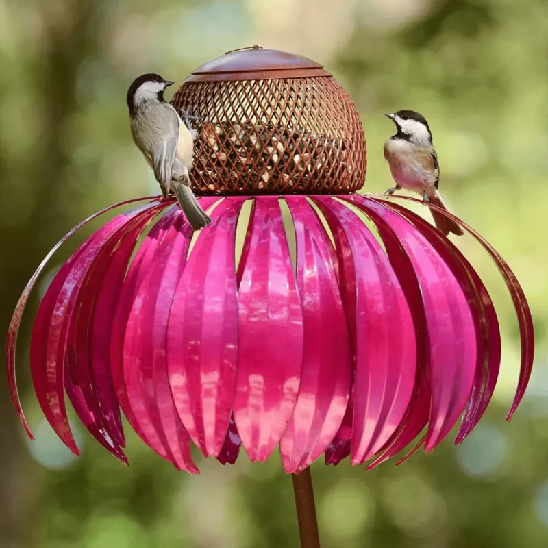 Garden Bird Feeder Metal Sunflower Design with Pink Petals - Detailed view