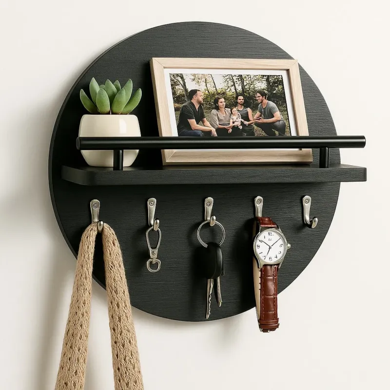 Round Wall Key Holder Sustainable Wood Multi-Hook Organizer - Product showcase