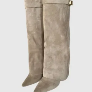 Suede Knee High Boots Classic Beige With Gold Buckle Detail - Product showcase
