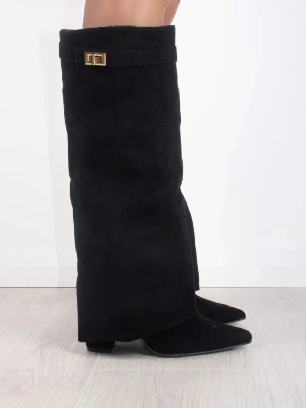Classic Suede Knee High Boots Black with Gold Hardware - Product example