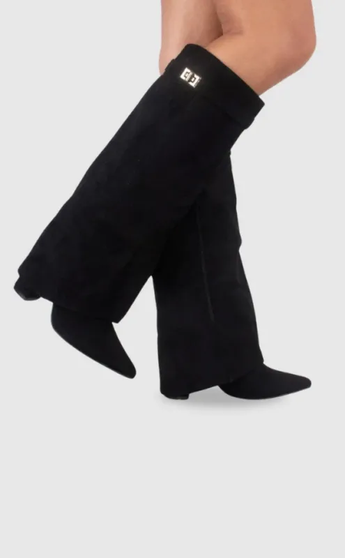 Classic Suede Knee High Boots Black with Gold Hardware - Product showcase
