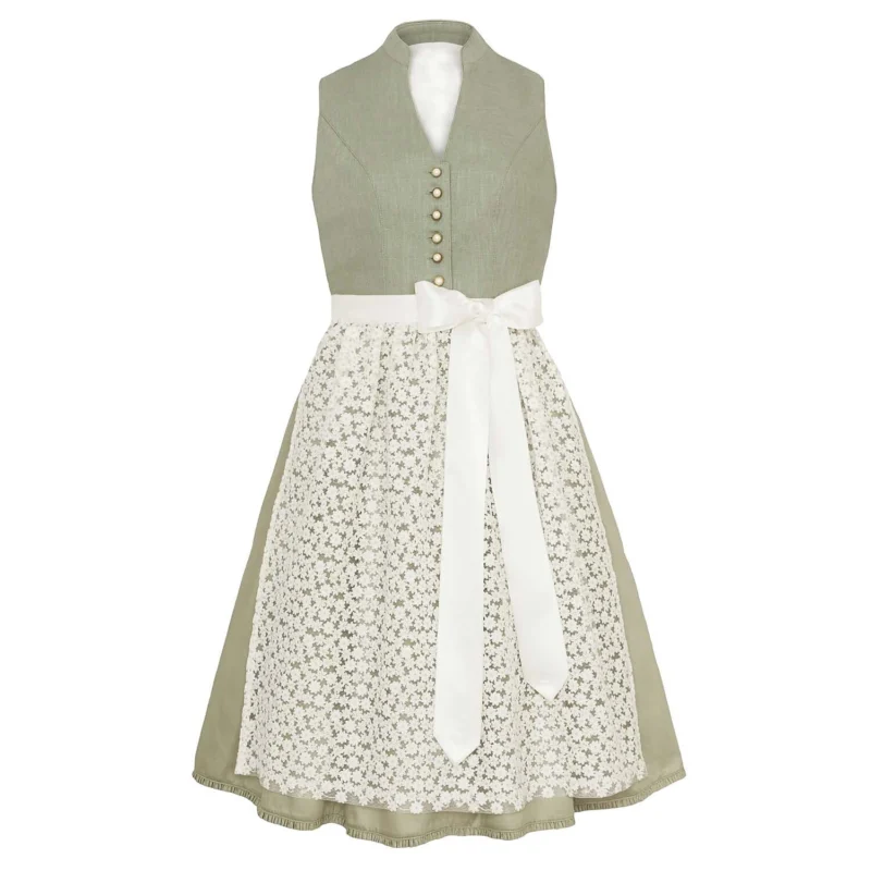 Traditional Dirndl Dress Sage Green with Lace Apron - Detailed view