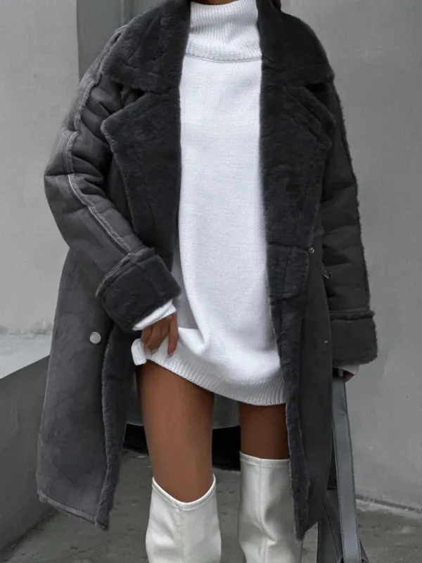 Plus Size Winter Coat Plush Lapel Fur-Lined Design - Detailed view