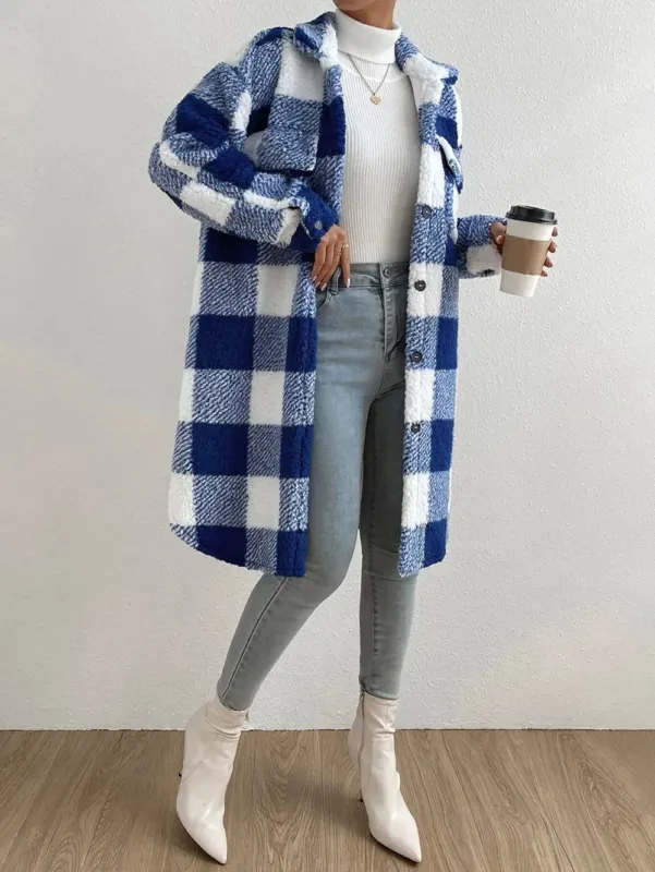 Plaid Teddy Fleece Coat Pink White Checkered Pattern - Product example