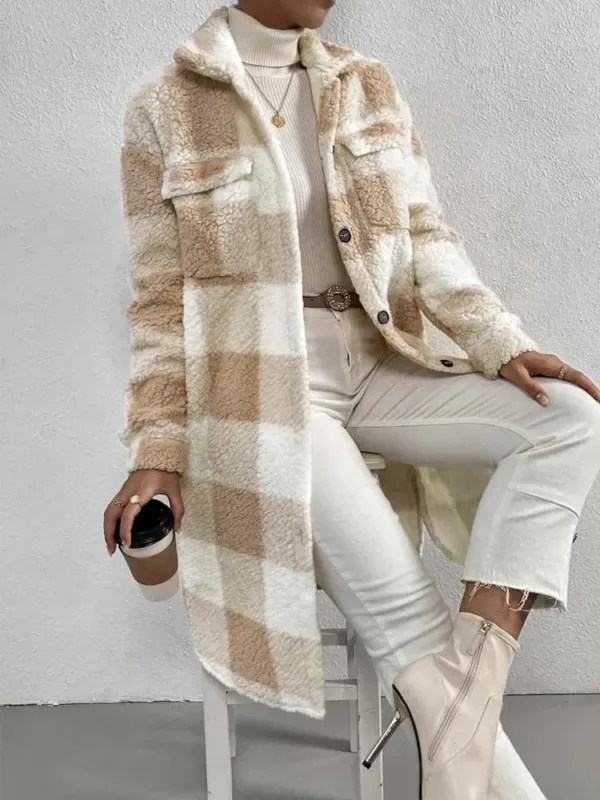 Plaid Teddy Fleece Coat Pink White Checkered Pattern - Product detail 4