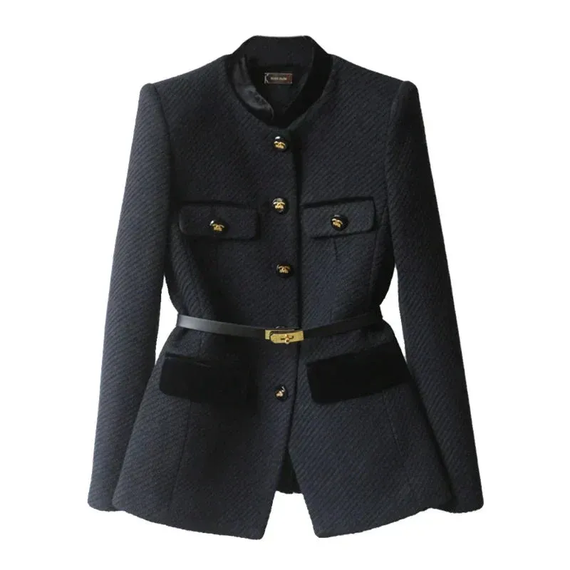 Military Style Wool Blazer Gold Button Belt Detail - Detailed view