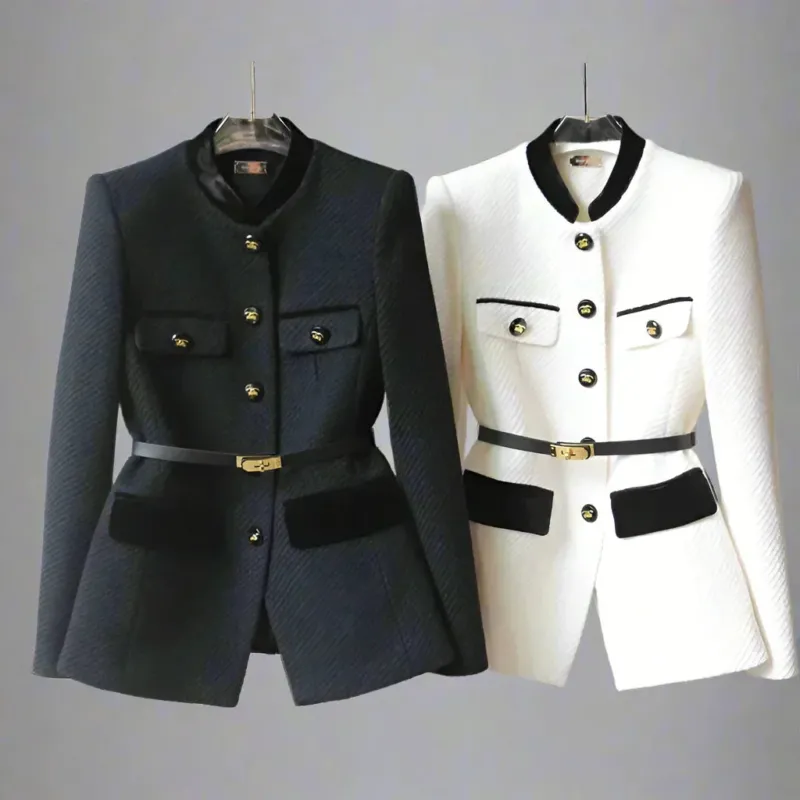 Military Style Wool Blazer Gold Button Belt Detail - Product showcase