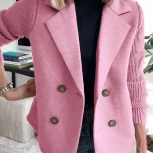 Double Breasted Winter Coat Pink Wool Blend Ribbed Sleeves - Product showcase