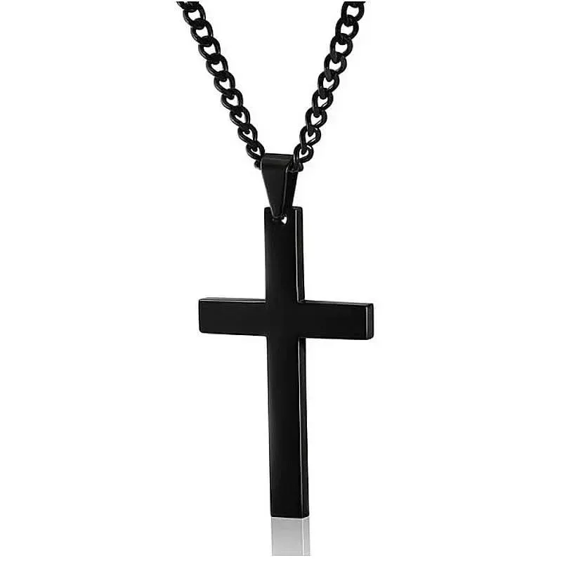 Mens Cross Necklace Black Stainless Steel Pendant with Iron Chain - Product showcase
