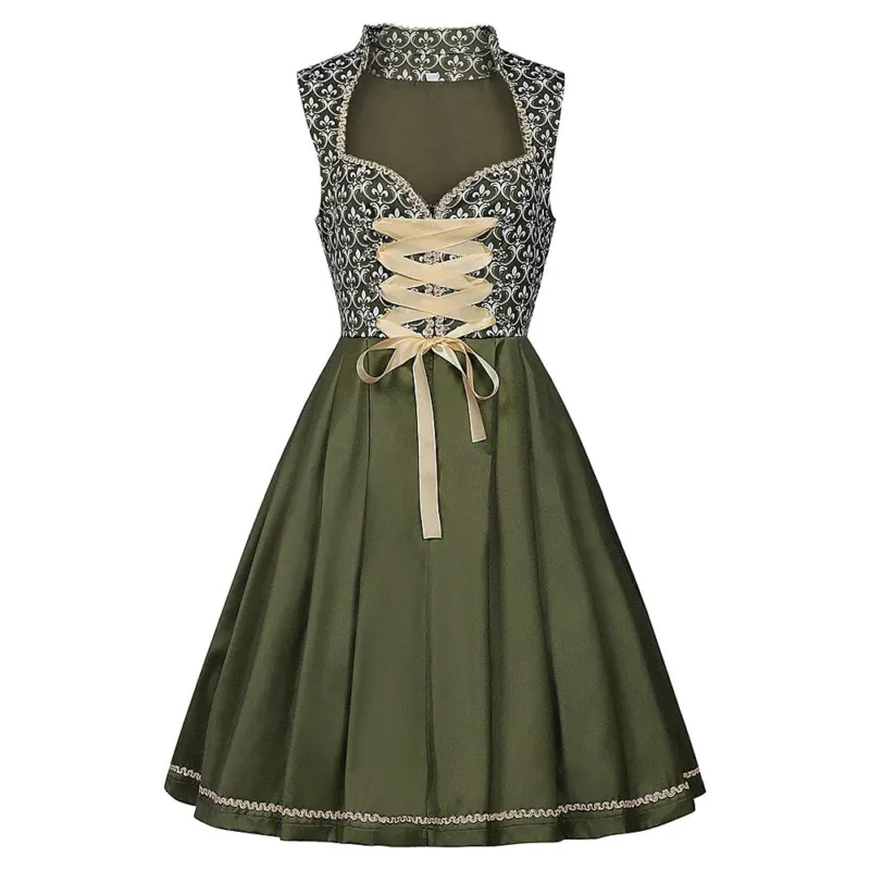 Traditional Dirndl Dress Floral Embroidered Green With Gold Sash - Product detail 4