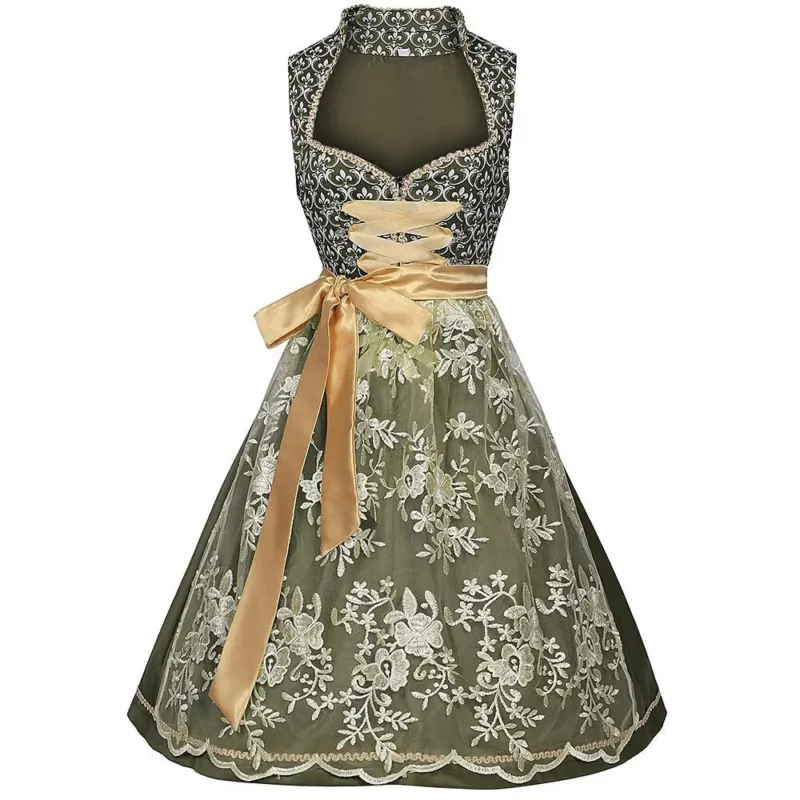Traditional Dirndl Dress Floral Embroidered Green With Gold Sash - Product showcase