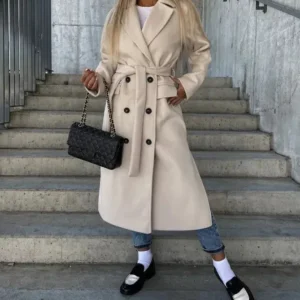 Classic Wool Winter Coat Double-Breasted Belted Design - Product showcase
