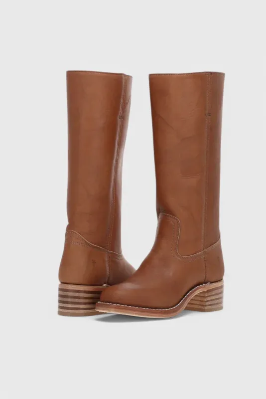 Classic Knee High Boots Brown Leather With Stacked Heel - Product detail 4