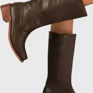 Classic Knee High Boots Brown Leather With Stacked Heel - Product showcase