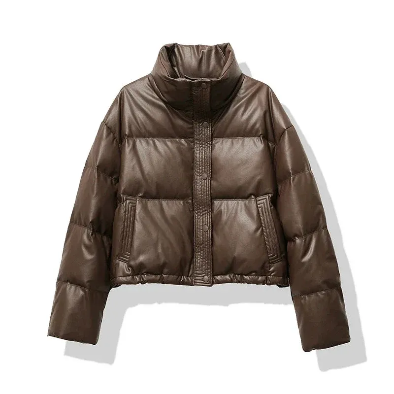 Winter Puffer Jacket Brown Leather-Look Quilted Design - Product showcase