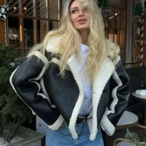 Winter Shearling Jacket Oversized Black Leather with White Trim - Product showcase