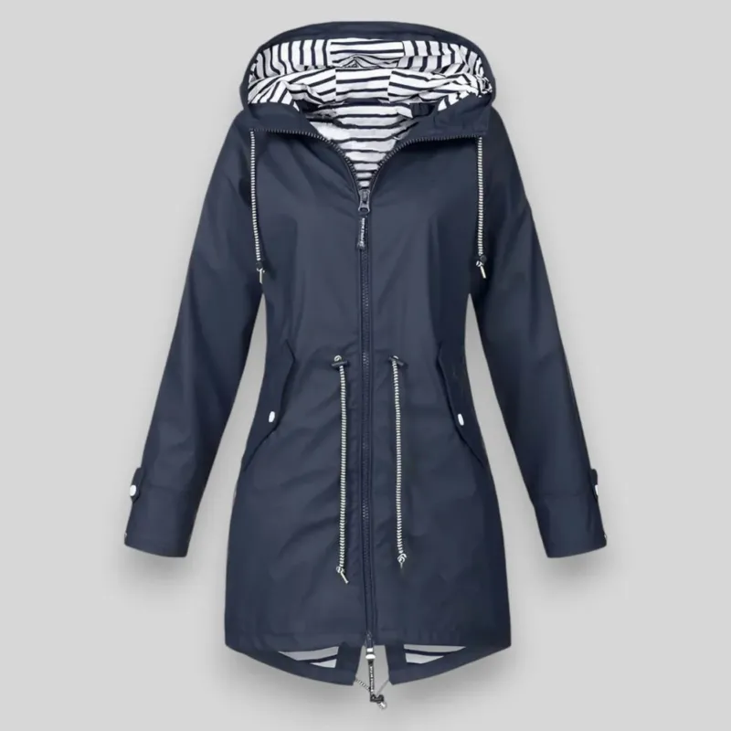 Waterproof Rain Coat Navy Hooded Drawstring Design - Product showcase
