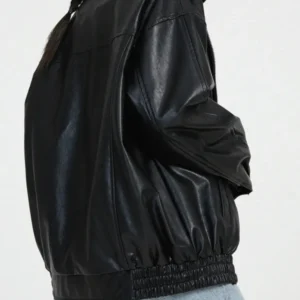 Oversized Leather Bomber Jacket Black Elastic Trim Design - Product showcase