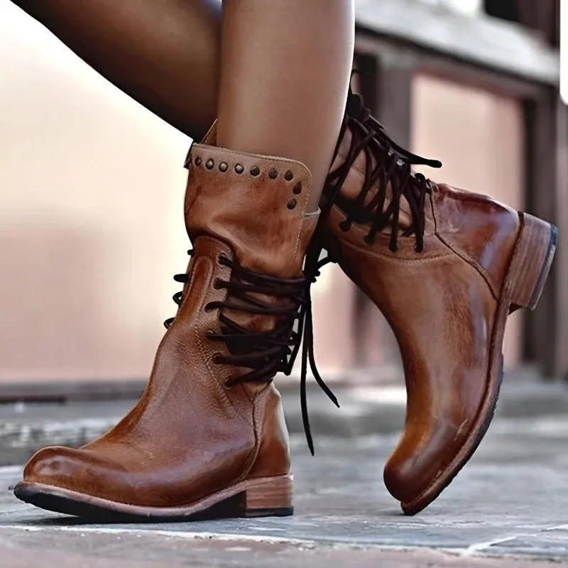 Vintage Leather Boots Mid-Calf Lace-Up Design With Stud Details - Product showcase