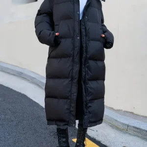 Long Winter Puffer Coat Full Length Black Insulated Design - Product showcase