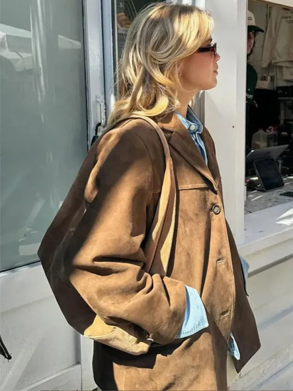 Suede Winter Coat Oversized Brown Button-Up Design - Product detail 4
