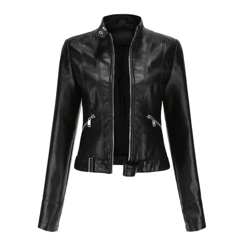 Womens Moto Leather Jacket Slim Fit High Collar Design - Product showcase