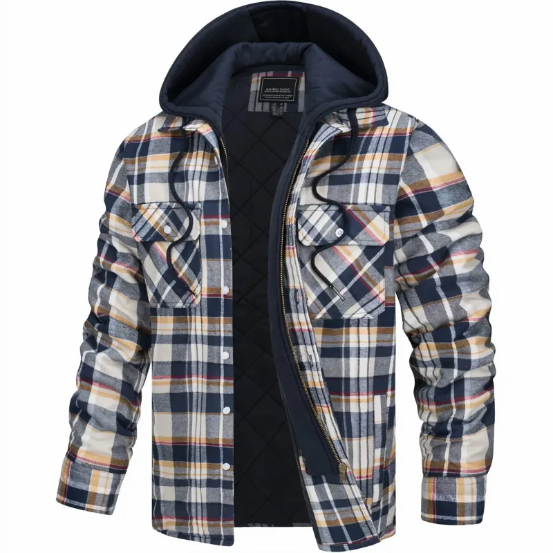 Quilted Flannel Jacket Hooded Plaid Winter Design - Product showcase